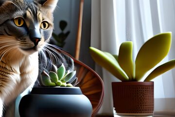 Gato em uma sala de estar e um vaso com suculenta ao fundo